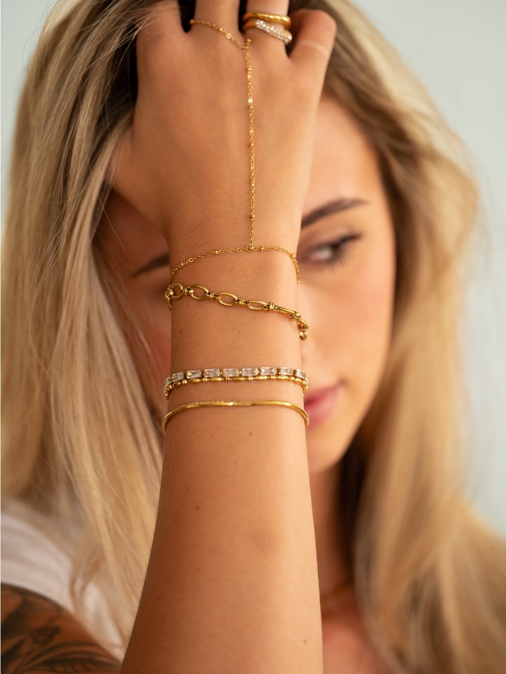 Think Freely Gold Beaded Hand Chain Bracelet | Waterproof 316L Stainless Steel